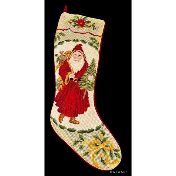 VTG Needlepoint Old World Santa Clause Christmas Stocking Velvet Back - Picture 1 of 4